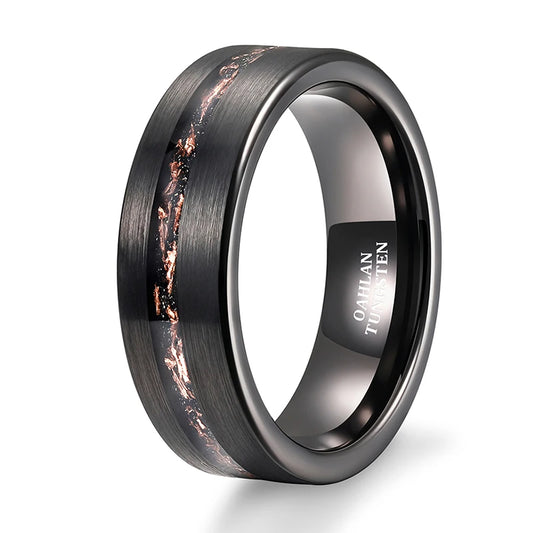 OAHLAN Fashion Jewelry 8mm Brushed Black Tungsten Carbide Ring for Men Sand Base Copper Slag Inlay Wedding Engagement Bands
