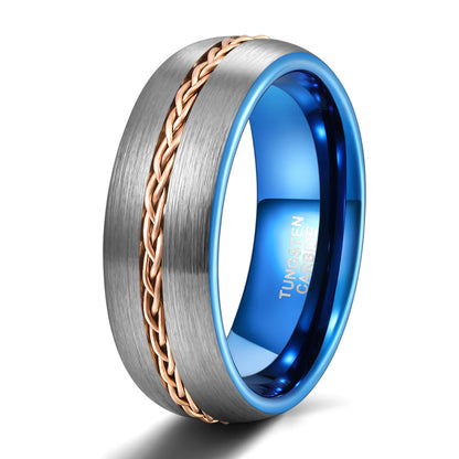 OAHLAN Tungsten Carbide Rings Wholesale Steel Chain Inlay 8mm Bands Blue Plated Brushed for Men's Wedding/Engagement/Dating