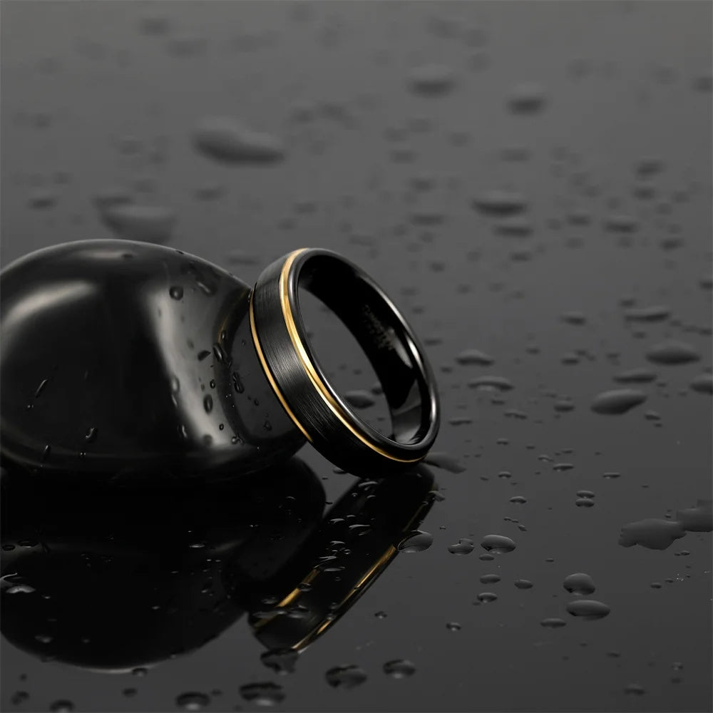 OAHLAN Fashion Jewelry Classic 6MM 8MM Black Gold Brushed Step Edge Tungsten Carbide Rings for Men's Wedding Engagement Gift