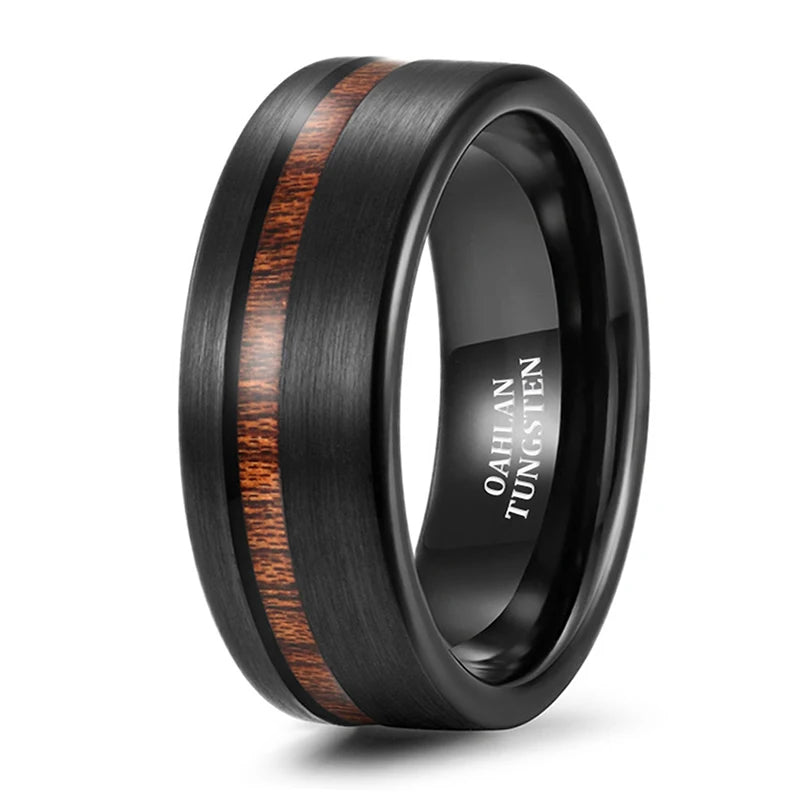 OAHLAN Fashion Jewelry 8mm Brushed Black Tungsten Carbide Rings for Men Women Wood Inlay Comfort Fit Wedding Engagement Bands