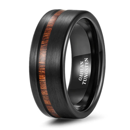OAHLAN Fashion Jewelry 8mm Brushed Black Tungsten Carbide Rings for Men Women Wood Inlay Comfort Fit Wedding Engagement Bands