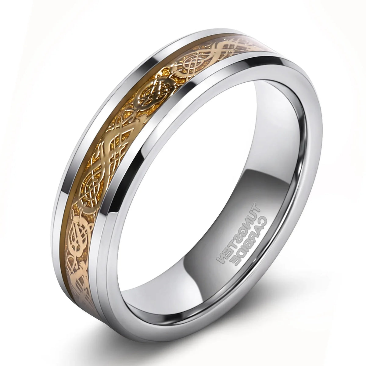 Silver ring with gold Celtic knot design on a white background