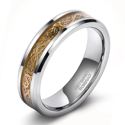 Silver ring with gold Celtic knot design on a white background