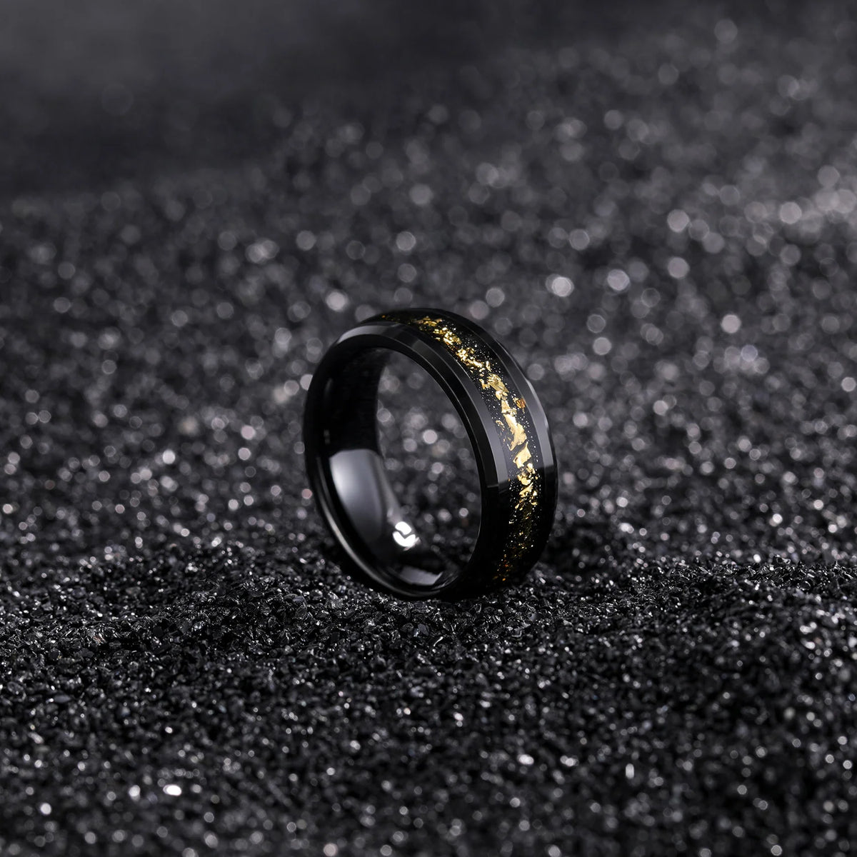 OAHLAN 8mm Beveled Edge Tungsten Carbide Rings for Men Women Black and Gold Foils Inlay Wedding Engagement Gift Fashion Jewelry