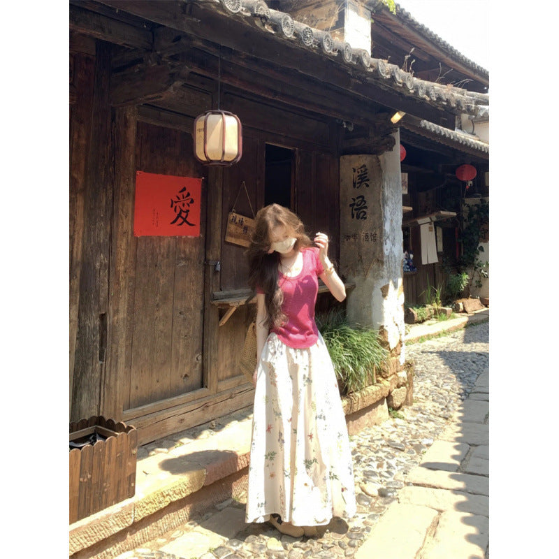 2026 New Summer Korean Style Outfit Set for Women: Raspberry Pink Knit Top and High-Waisted Slimming Skirt Two-Piece Set