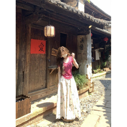 2026 New Summer Korean Style Outfit Set for Women: Raspberry Pink Knit Top and High-Waisted Slimming Skirt Two-Piece Set