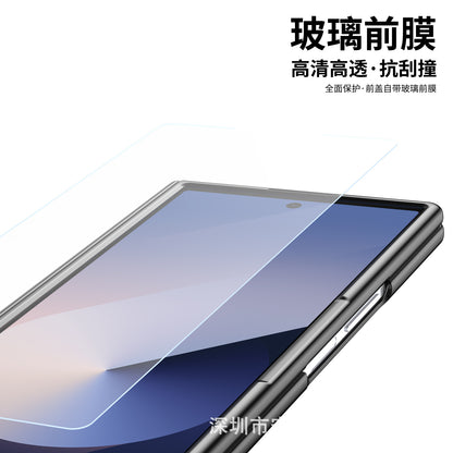 Suitable for Samsung Z Fold8 Ultra Gold Armor Pen Slot Folding Phone Case Plain Leather Shockproof 7/6 Case Film Protective Cover