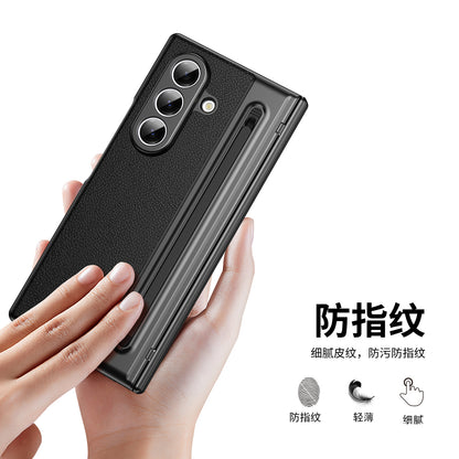 Suitable for Samsung Z Fold8 Ultra Gold Armor Pen Slot Folding Phone Case Plain Leather Shockproof 7/6 Case Film Protective Cover