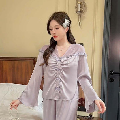 Purely Sensual,Comfortable, Breathable Pajamas, Satin Chiffon Loungewear Set, Available in Multiple Colors,Button-Up Set