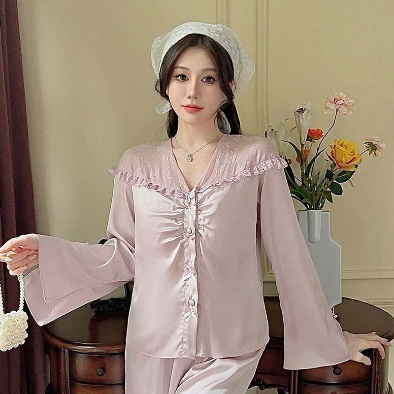 Purely Sensual,Comfortable, Breathable Pajamas, Satin Chiffon Loungewear Set, Available in Multiple Colors,Button-Up Set