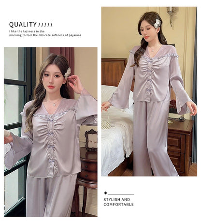 Purely Sensual,Comfortable, Breathable Pajamas, Satin Chiffon Loungewear Set, Available in Multiple Colors,Button-Up Set