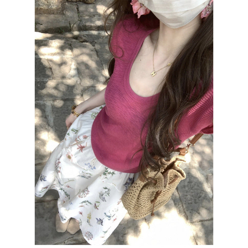 2026 New Summer Korean Style Outfit Set for Women: Raspberry Pink Knit Top and High-Waisted Slimming Skirt Two-Piece Set