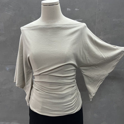 Summer Pure Desire Sweet Girl One-Shoulder Waist Slimming Look Three-Quarter Sleeve T-Shirt Women's Unique and Chic Pleated Top
