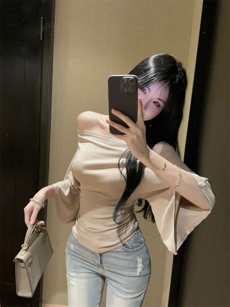 Summer Pure Desire Sweet Girl One-Shoulder Waist Slimming Look Three-Quarter Sleeve T-Shirt Women's Unique and Chic Pleated Top