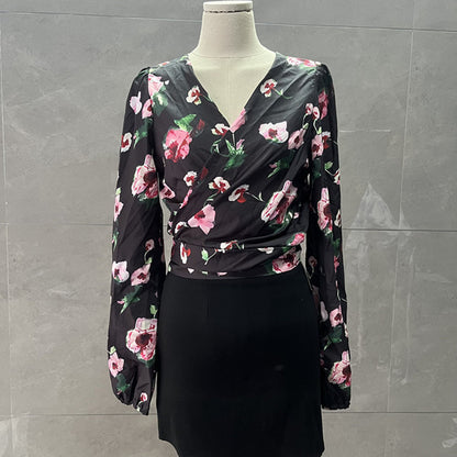 French Style Retro Floral Short Long-Sleeved Shirt for Women Spring and Summer New Design Niche Strappy V Neck Top