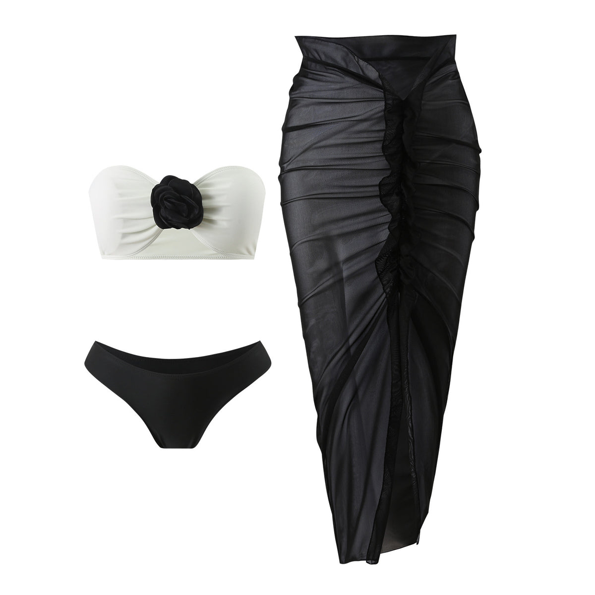 2025 European and American Color Matching New Rose Three-Piece Mesh Long Skirt Swimsuit Swimsuit Bikini Bikini
