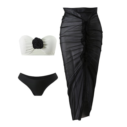 2025 European and American Color Matching New Rose Three-Piece Mesh Long Skirt Swimsuit Swimsuit Bikini Bikini