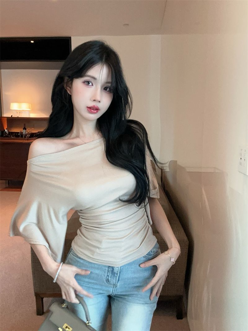 Summer Pure Desire Sweet Girl One-Shoulder Waist Slimming Look Three-Quarter Sleeve T-Shirt Women's Unique and Chic Pleated Top