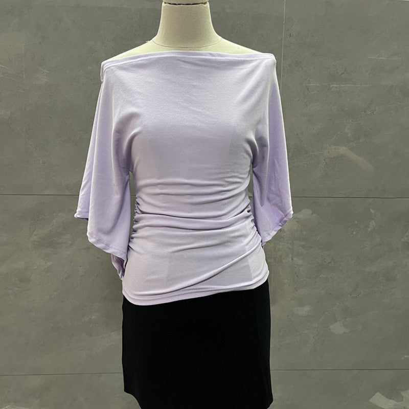 Summer Pure Desire Sweet Girl One-Shoulder Waist Slimming Look Three-Quarter Sleeve T-Shirt Women's Unique and Chic Pleated Top