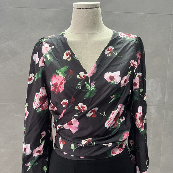 French Style Retro Floral Short Long-Sleeved Shirt for Women Spring and Summer New Design Niche Strappy V Neck Top