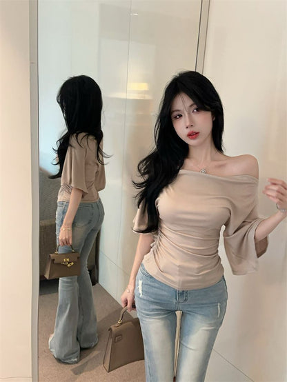 Summer Pure Desire Sweet Girl One-Shoulder Waist Slimming Look Three-Quarter Sleeve T-Shirt Women's Unique and Chic Pleated Top