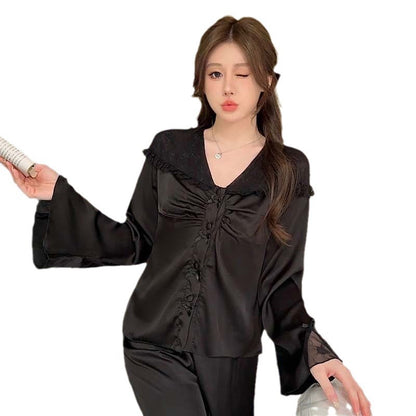 Purely Sensual,Comfortable, Breathable Pajamas, Satin Chiffon Loungewear Set, Available in Multiple Colors,Button-Up Set