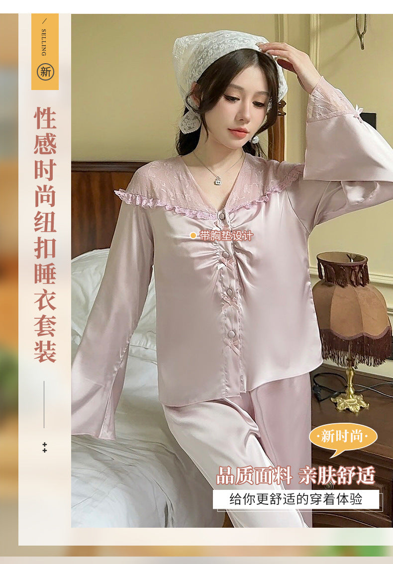 Purely Sensual,Comfortable, Breathable Pajamas, Satin Chiffon Loungewear Set, Available in Multiple Colors,Button-Up Set