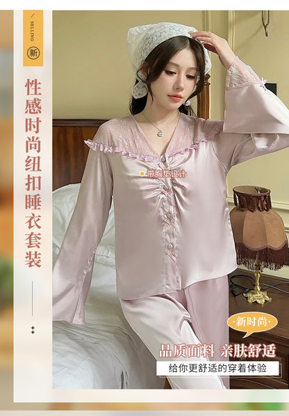 Purely Sensual,Comfortable, Breathable Pajamas, Satin Chiffon Loungewear Set, Available in Multiple Colors,Button-Up Set