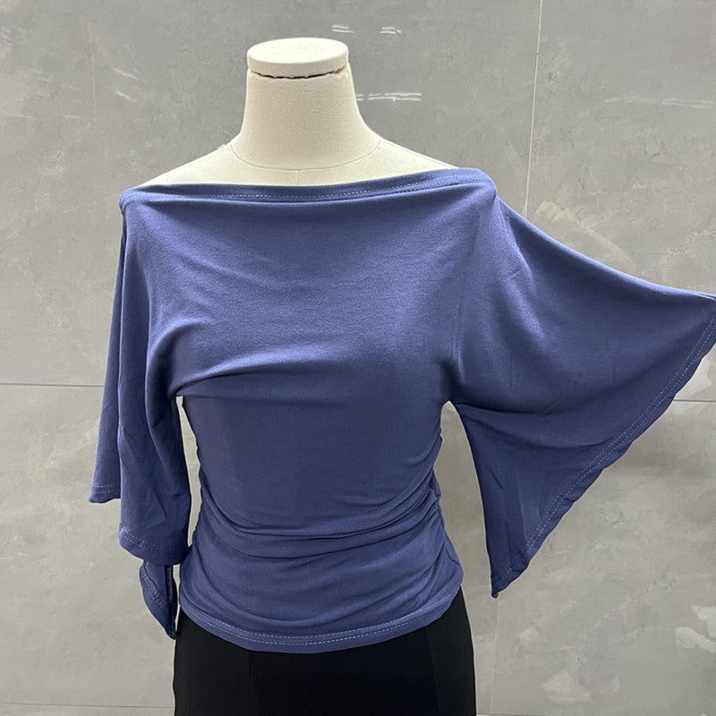 Summer Pure Desire Sweet Girl One-Shoulder Waist Slimming Look Three-Quarter Sleeve T-Shirt Women's Unique and Chic Pleated Top