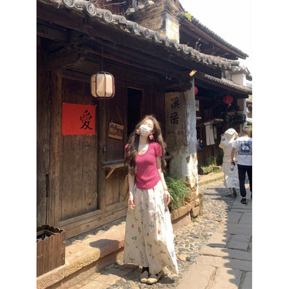 2026 New Summer Korean Style Outfit Set for Women: Raspberry Pink Knit Top and High-Waisted Slimming Skirt Two-Piece Set