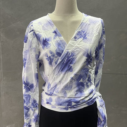 French Style Retro Floral Short Long-Sleeved Shirt for Women Spring and Summer New Design Niche Strappy V Neck Top