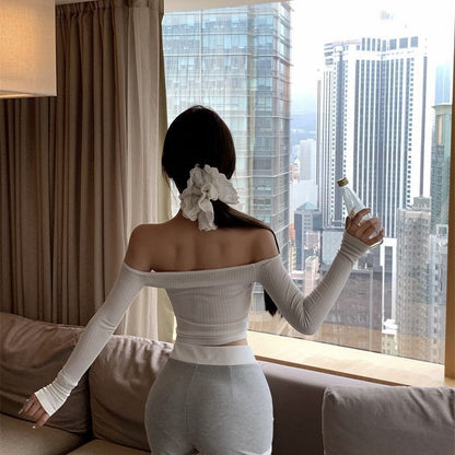 One-Shoulder White Long-Sleeved Slim T-Shirt for Women in Autumn Tight Elastic Slimming Look Short Crop Top