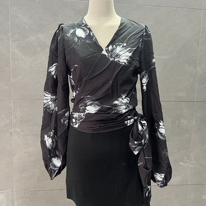 French Style Retro Floral Short Long-Sleeved Shirt for Women Spring and Summer New Design Niche Strappy V Neck Top