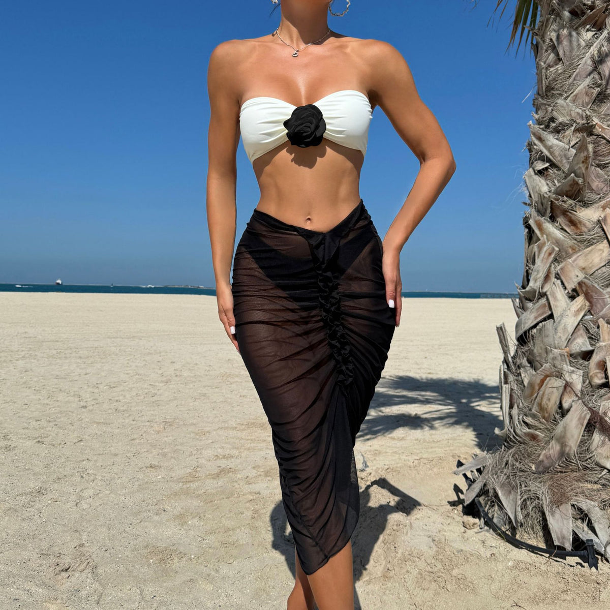 2025 European and American Color Matching New Rose Three-Piece Mesh Long Skirt Swimsuit Swimsuit Bikini Bikini