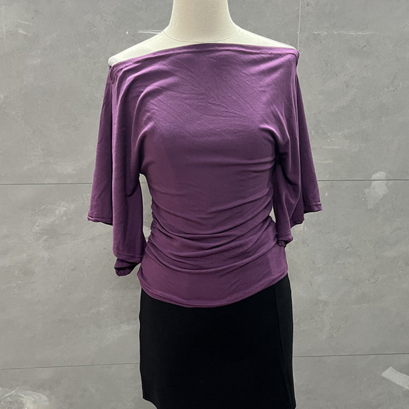 Summer Pure Desire Sweet Girl One-Shoulder Waist Slimming Look Three-Quarter Sleeve T-Shirt Women's Unique and Chic Pleated Top