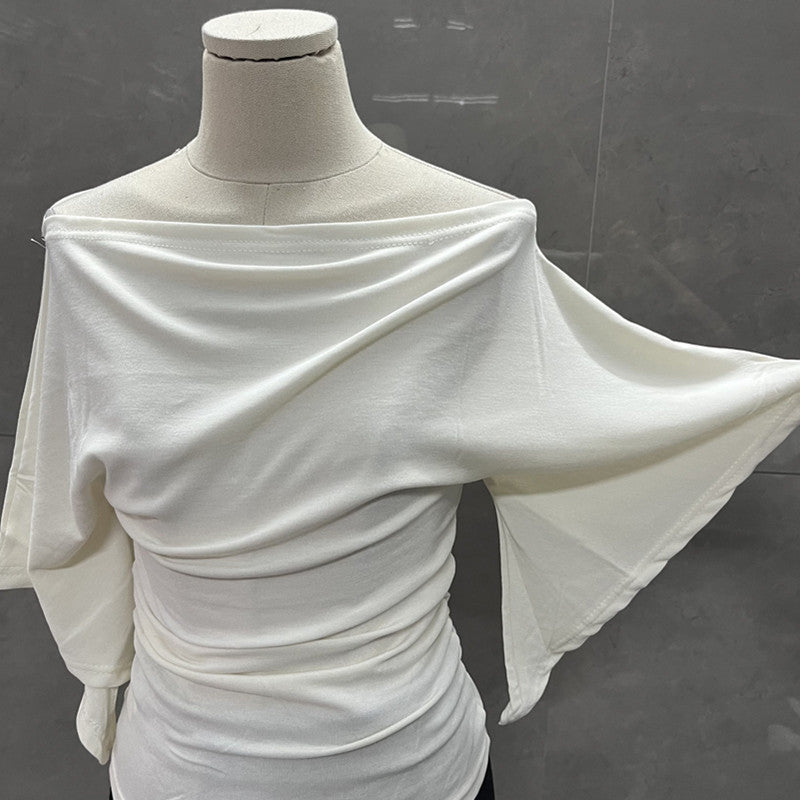 Summer Pure Desire Sweet Girl One-Shoulder Waist Slimming Look Three-Quarter Sleeve T-Shirt Women's Unique and Chic Pleated Top