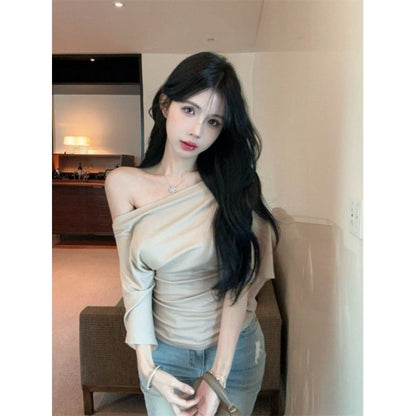Summer Pure Desire Sweet Girl One-Shoulder Waist Slimming Look Three-Quarter Sleeve T-Shirt Women's Unique and Chic Pleated Top