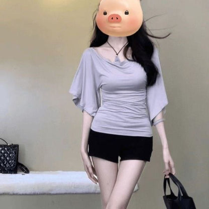 Summer Pure Desire Sweet Girl One-Shoulder Waist Slimming Look Three-Quarter Sleeve T-Shirt Women's Unique and Chic Pleated Top