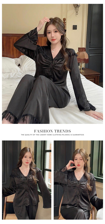 Purely Sensual,Comfortable, Breathable Pajamas, Satin Chiffon Loungewear Set, Available in Multiple Colors,Button-Up Set