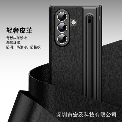 Suitable for Samsung Z Fold8 Ultra Gold Armor Pen Slot Folding Phone Case Plain Leather Shockproof 7/6 Case Film Protective Cover