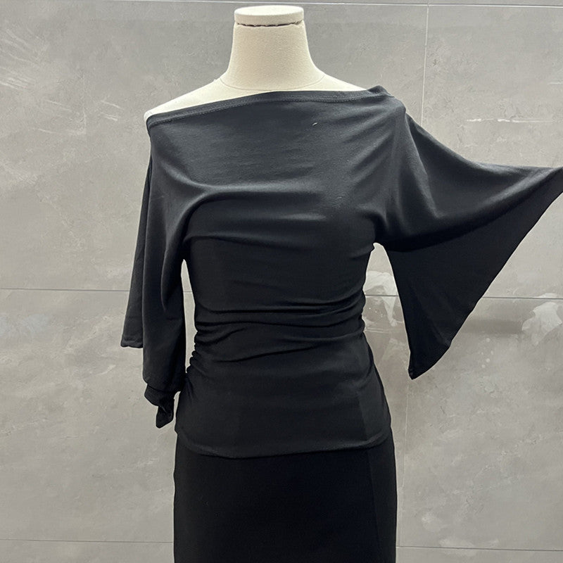 Summer Pure Desire Sweet Girl One-Shoulder Waist Slimming Look Three-Quarter Sleeve T-Shirt Women's Unique and Chic Pleated Top