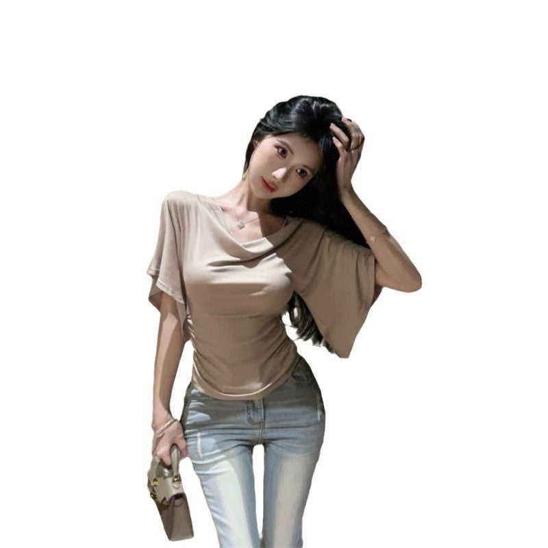 Summer Pure Desire Sweet Girl One-Shoulder Waist Slimming Look Three-Quarter Sleeve T-Shirt Women's Unique and Chic Pleated Top