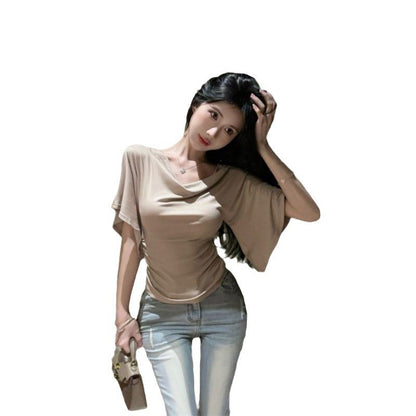 Summer Pure Desire Sweet Girl One-Shoulder Waist Slimming Look Three-Quarter Sleeve T-Shirt Women's Unique and Chic Pleated Top