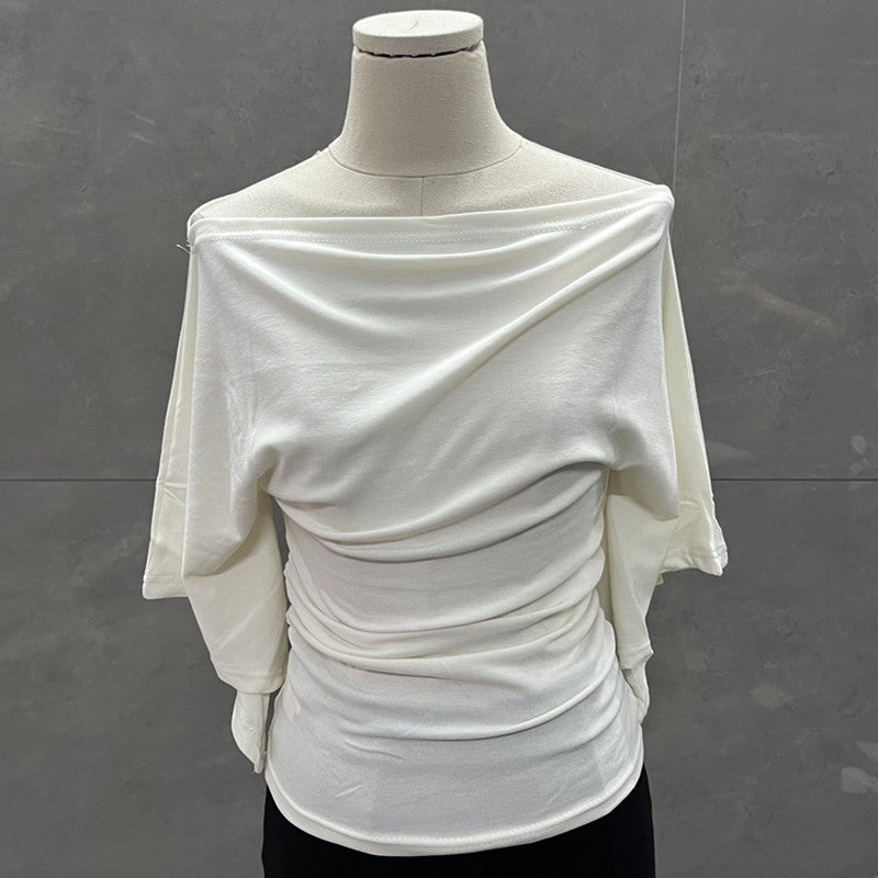 Summer Pure Desire Sweet Girl One-Shoulder Waist Slimming Look Three-Quarter Sleeve T-Shirt Women's Unique and Chic Pleated Top