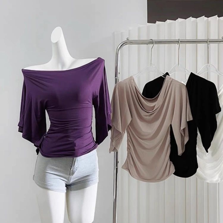 Summer Pure Desire Sweet Girl One-Shoulder Waist Slimming Look Three-Quarter Sleeve T-Shirt Women's Unique and Chic Pleated Top
