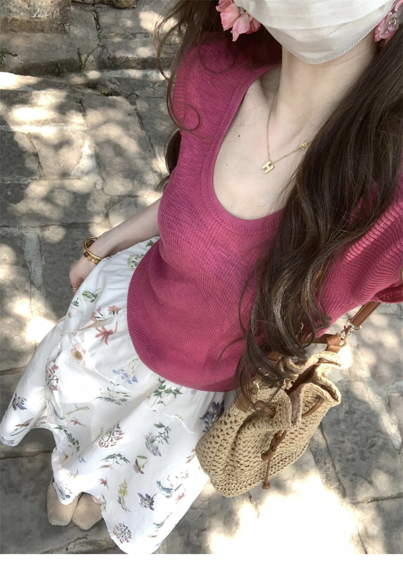 2026 New Summer Korean Style Outfit Set for Women: Raspberry Pink Knit Top and High-Waisted Slimming Skirt Two-Piece Set