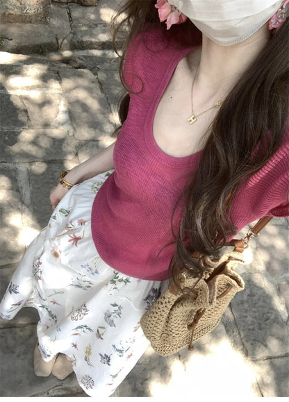 2026 New Summer Korean Style Outfit Set for Women: Raspberry Pink Knit Top and High-Waisted Slimming Skirt Two-Piece Set