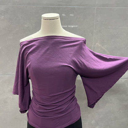 Summer Pure Desire Sweet Girl One-Shoulder Waist Slimming Look Three-Quarter Sleeve T-Shirt Women's Unique and Chic Pleated Top