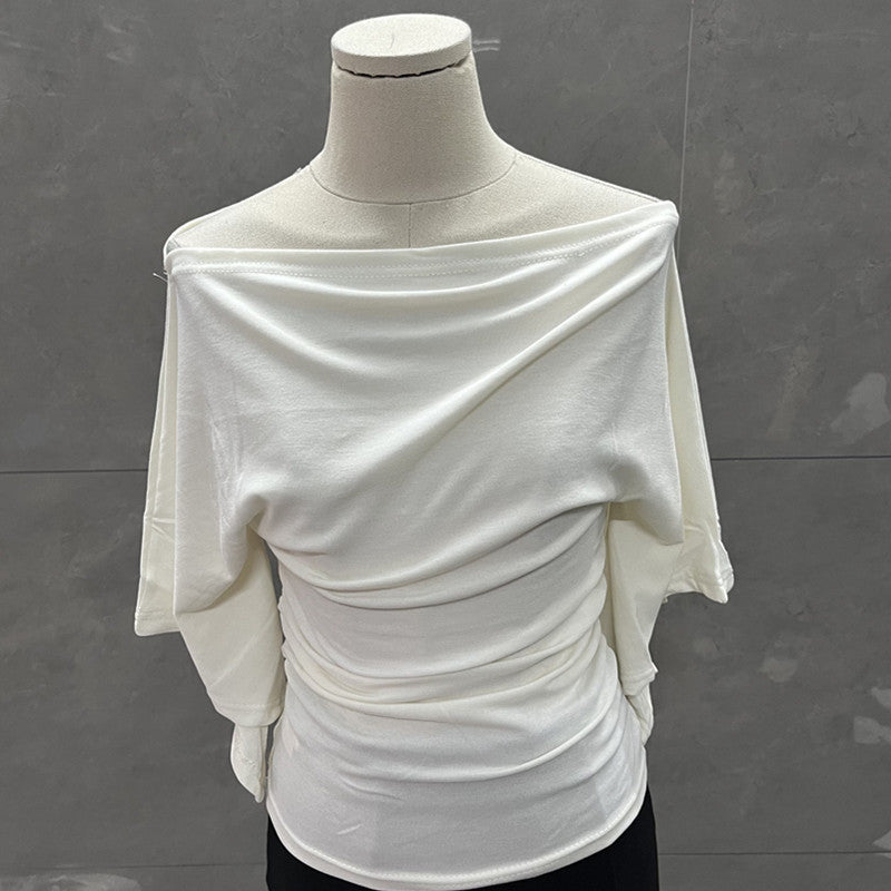 Summer Pure Desire Sweet Girl One-Shoulder Waist Slimming Look Three-Quarter Sleeve T-Shirt Women's Unique and Chic Pleated Top