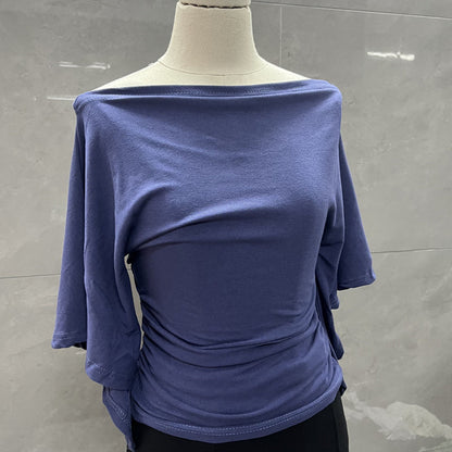 Summer Pure Desire Sweet Girl One-Shoulder Waist Slimming Look Three-Quarter Sleeve T-Shirt Women's Unique and Chic Pleated Top